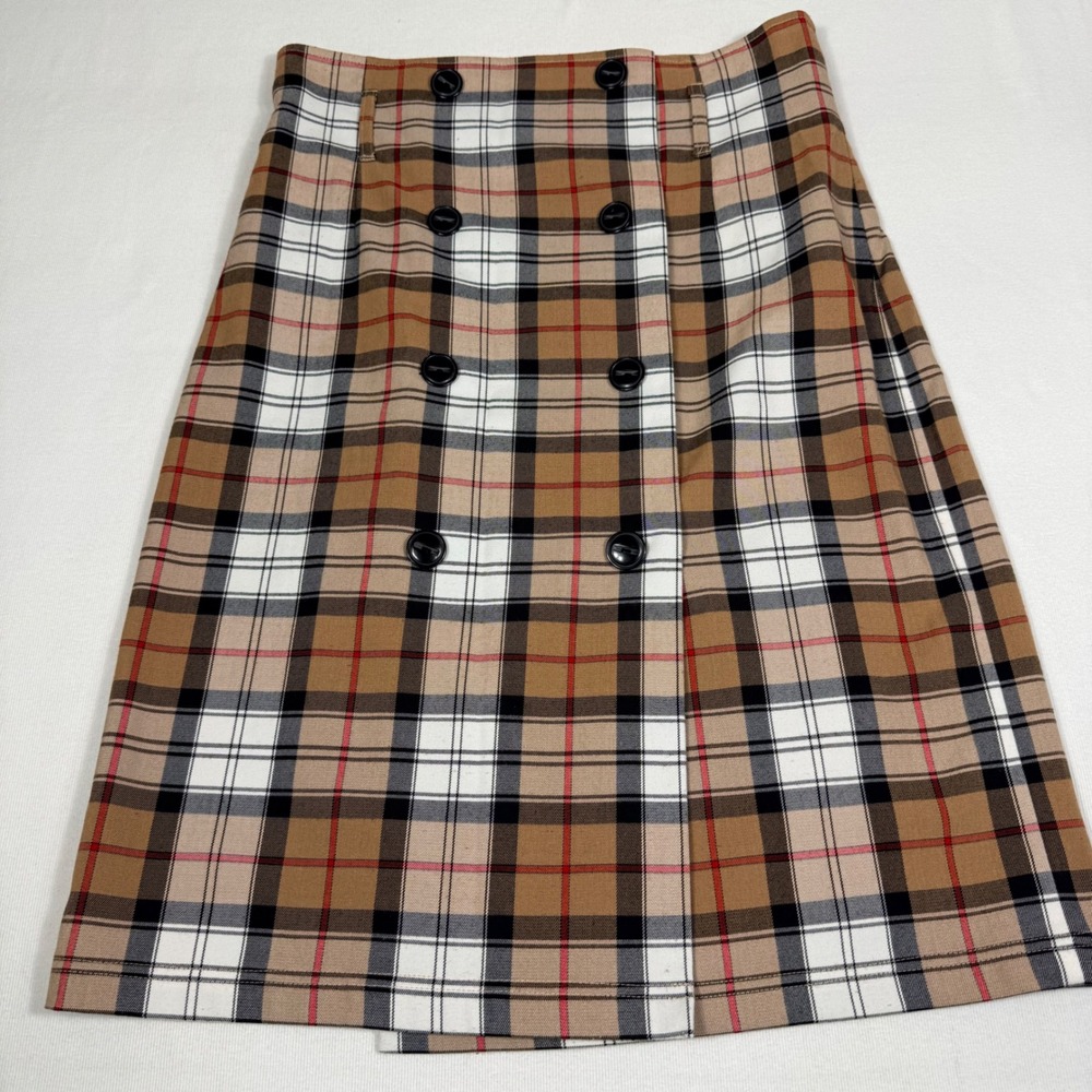 Linea Donna Plaid Midi Skirt S Tan Black Red Double Breasted Schoolgirl Academia